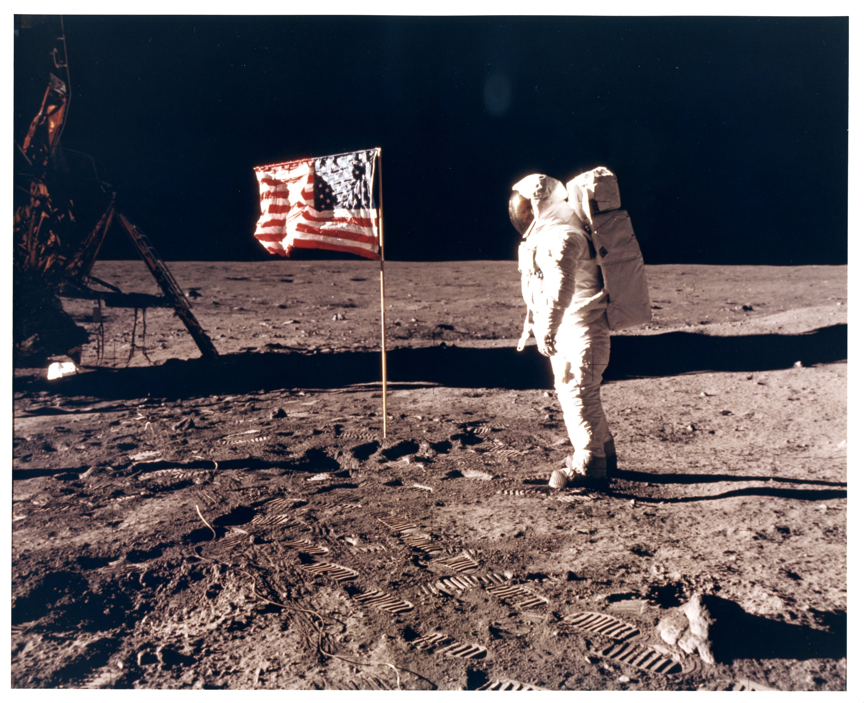 Apollo 11, Buzz Aldrin with the flag of the United States (AS11-40-5880), 1969